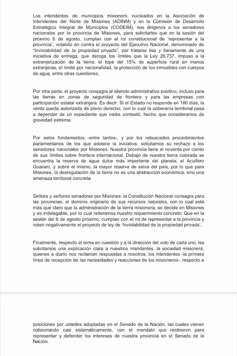 Carta Codeim a senadores de Misiones