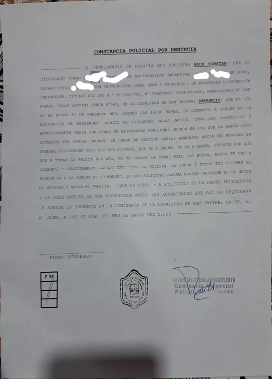 Denuncia policial de Viano